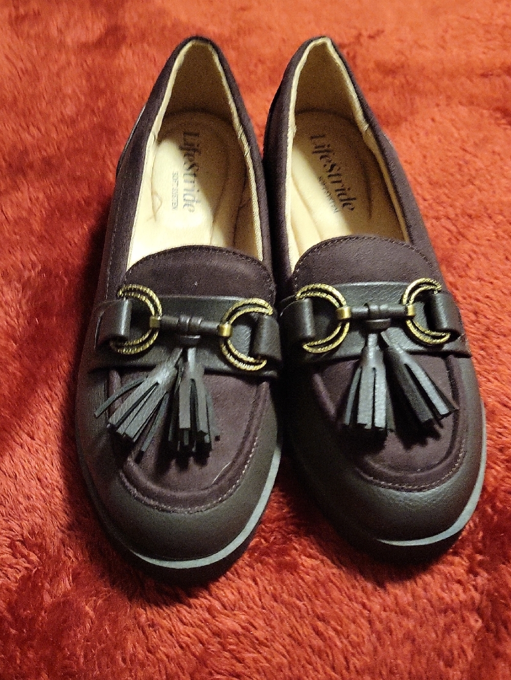 Life Stride Women's Dark Brown Tassel Loafers with Gold Accents